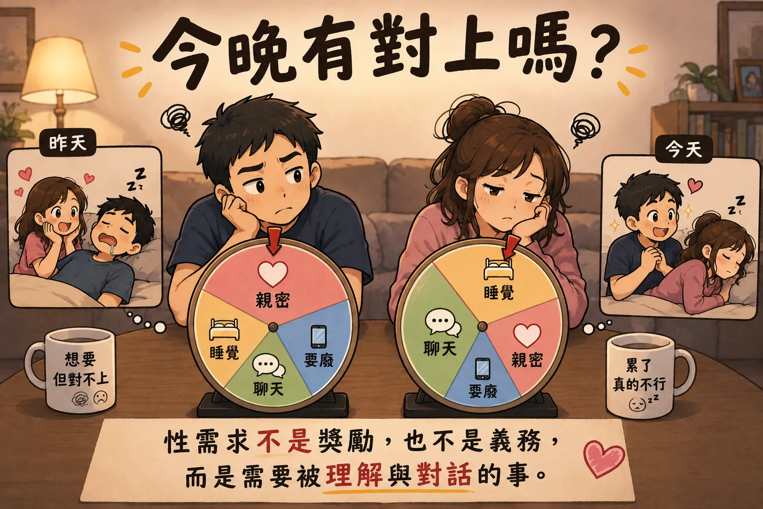 今晚有對上嗎?男人想要親密、女人只想睡覺的性需求落差示意圖